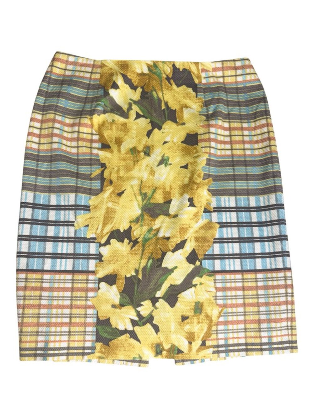 W‎ by Worth Floral Pencil Skirt Yellow Blue Plaid Cotton Women's Size 4